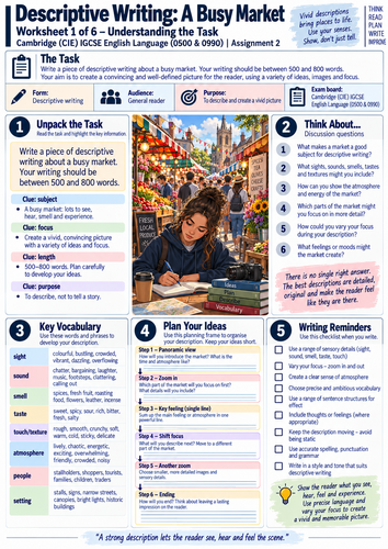 Cambridge IGCSE First Language English 0500/0990 | Descriptive Writing Coursework | 6-Worksheet Pack