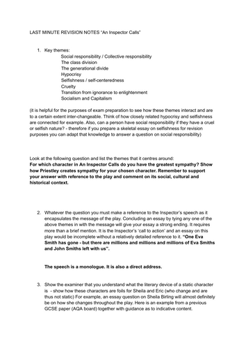 WJEC / GCSE English Double Awaed Unit 4b: revision notes on "An Inspector Calls"