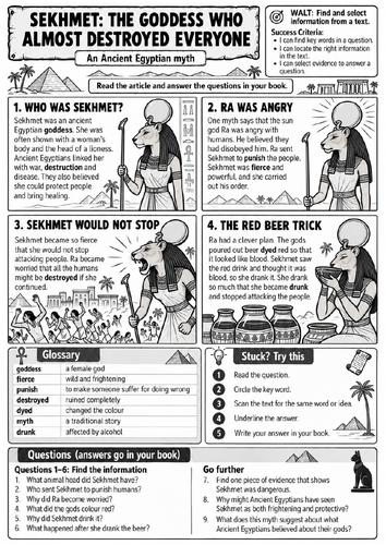 Sekhmet Egyptian Myth | Ancient Egypt KS2/KS3 Reading Comprehension