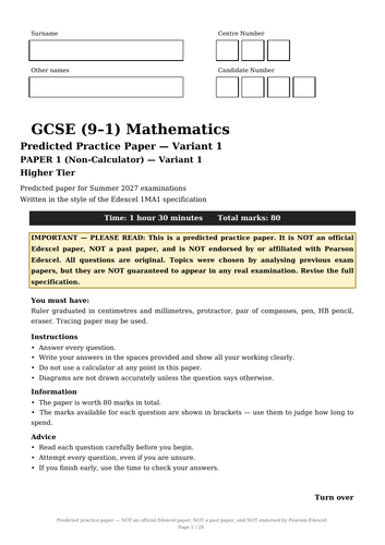 GCSE Maths Higher Predicted Papers 2027 (Edexcel Style): Variant Set 1