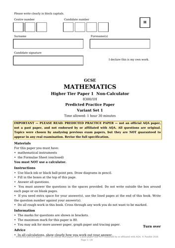 GCSE Maths Higher Predicted Papers 2027 (AQA Style): Variant Set 1