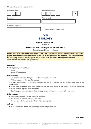 GCSE Biology Predicted Papers 2027 (AQA Style): Variant Set 1