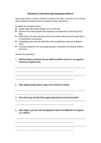 Iago and Manipulation Worksheet