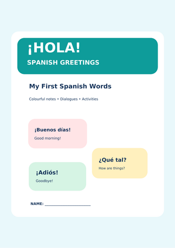 Spanish Greetings for Kids – Beginner A1 Workbook  7 Pages | Colourful Printable Worksheets | Spanis