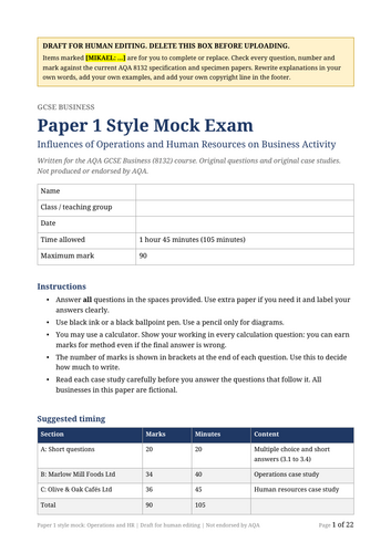 AQA GCSE Business 8132 Paper 1 Mock Exam