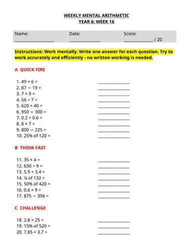 Year 6 Weekly Mental Maths - Mental Arithmetic Worksheet | Week 16
