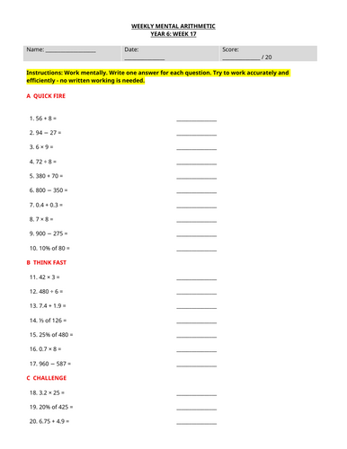 Year 6 Weekly Mental Maths - Mental Arithmetic Worksheet | Week 17