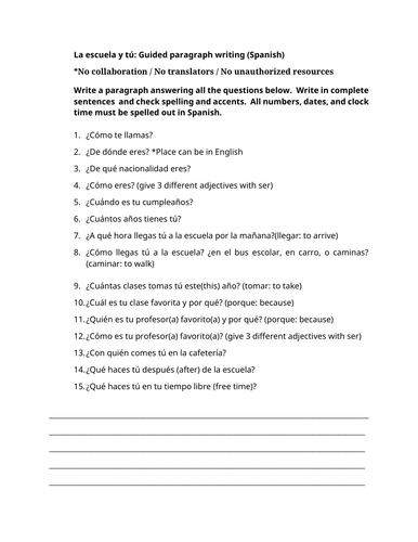 La escuela y tú: Guided paragraph writing