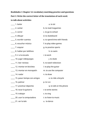 Realidades 1 Chapter 1A vocabulary matching practice and questions