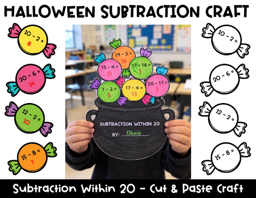 Halloween Subtraction Within 20 | Candy Cauldron Math Craft