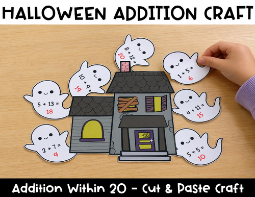 Halloween Addition Within 20 Math Craft | Haunted House Cut and Paste Activity