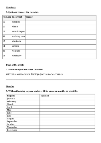Days, moths, numbers, weather in Spanish
