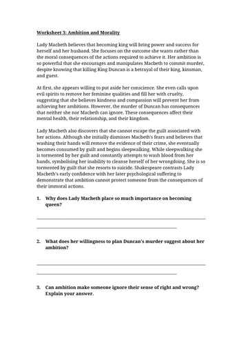 Lady Macbeth - Ambition and Morality Worksheet