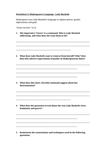 Lady Macbeth Language Worksheet