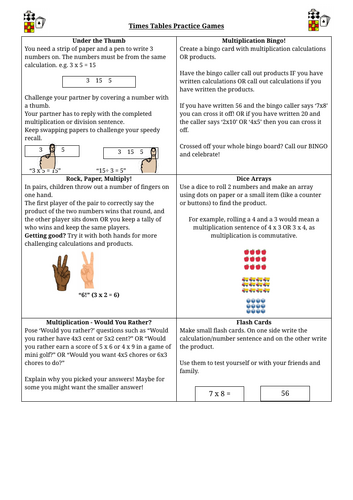 Times Tables Games Help Sheet for home
