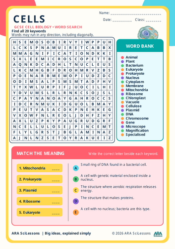 GCSE Cells Word Search and Keyword Matching Activity with Answers