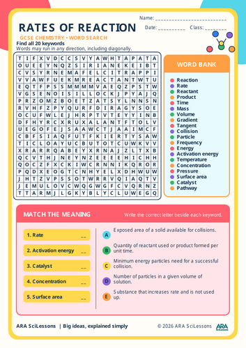 GCSE Rates of Reaction Word Search and Keyword Matching Activity with Answers