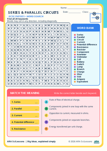 GCSE Series and Parallel Circuits Word Search with Matching Activity and Answers