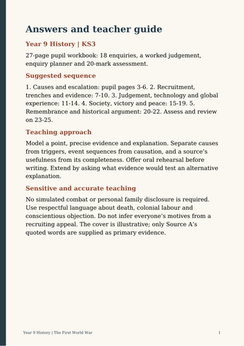 Year 9 History: First World War Workbook + Answers | KS3