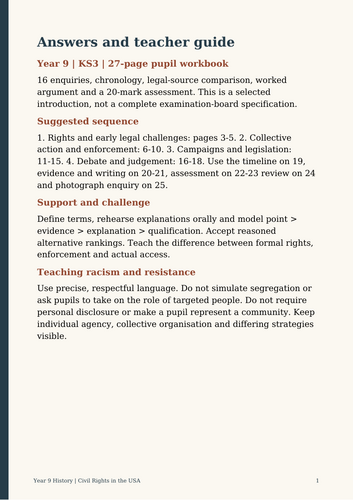 Year 9 History: Civil Rights in the USA 1954–1968 | Workbook & Teacher Guide