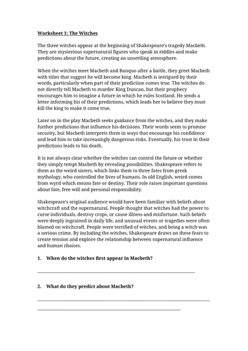 Macbeth, The Witches Worksheet