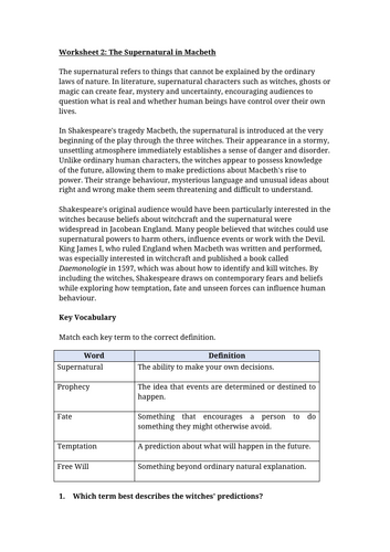 The Supernatural in Macbeth Worksheet