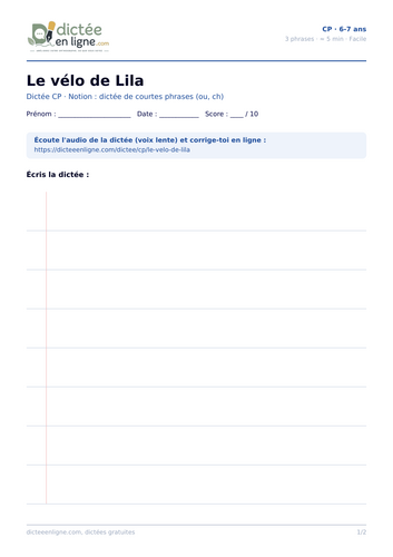 CP French dictation worksheet: Le vélo de Lila (short sentences)