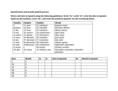 Spanish dates and months guided practice