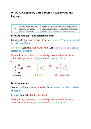WJEC A level Chemistry 4.4 Aldehydes and Ketones notes