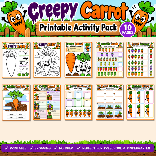 Creepy Carrot Activity Pack, Cut and Paste Craft, Carrot Life Cycle Worksheet, Plant Parts, Kinderga