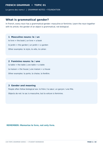 French Grammar Workbook: Gender of Nouns I | 160 Questions | KS3, GCSE, IGCSE & MYP