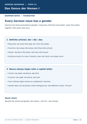 German Grammar Workbook: Gender of Nouns I | 160 Questions | KS3, GCSE, IGCSE & A1–A2