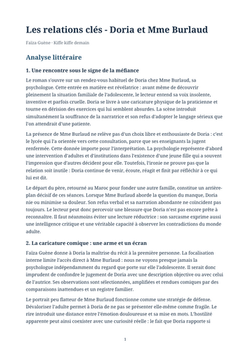 Kiffe kiffe demain – Faïza Guène – Key Relationships: Doria and Mme Burlaud