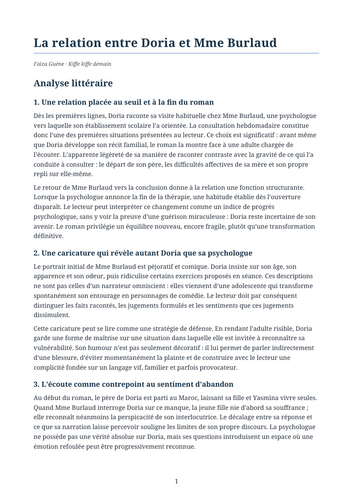 Kiffe kiffe demain – Faïza Guène – Key Relationships: Doria and Mme Burlaud