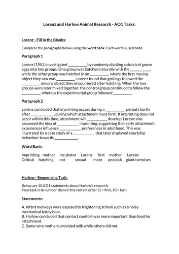 Lorenz and Harlow Animal Studies Activity