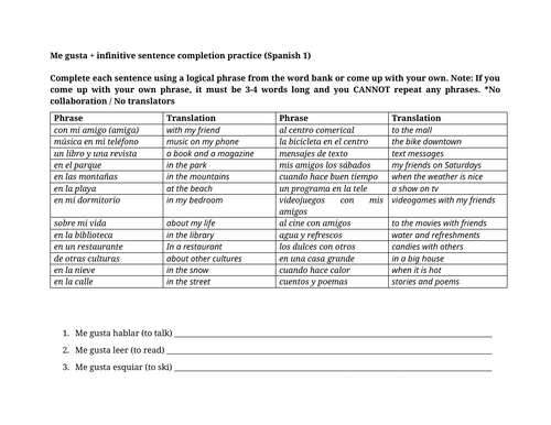 Me gusta + infinitive sentence completion practice (Spanish 1)
