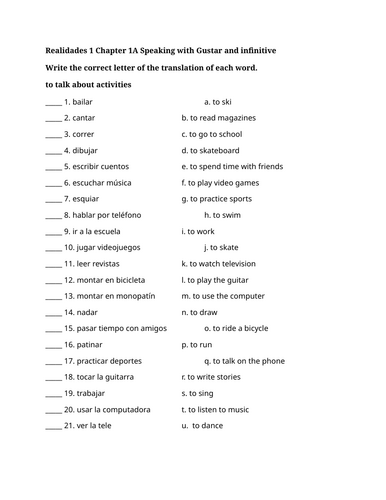Realidades 1 Chapter 1A Speaking with Gustar and infinitive