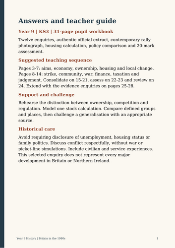 Year 9 History: Britain in the 1980s | Thatcher, Work & Society Workbook + Answers