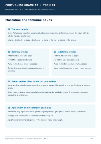 Portuguese Grammar Workbook: Gender of Nouns I | 160 Questions | GCSE, IGCSE & A1–A2