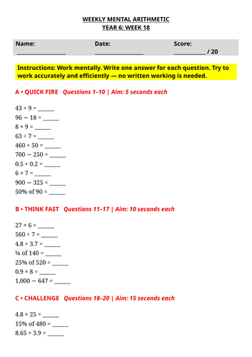 Year 6 Weekly Mental Maths - Mental Arithmetic Worksheet | Week 18