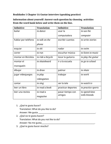Realidades 1 Chapter 1A Gustar interview (speaking practice)