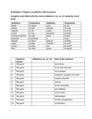 Realidades 1 Chapter 1A infinitives fill in practice