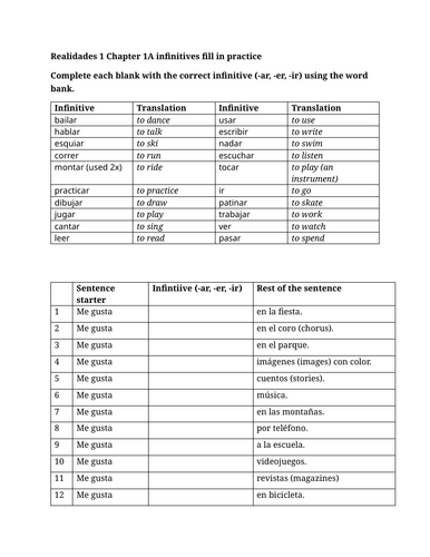 Realidades 1 Chapter 1A infinitives fill in practice