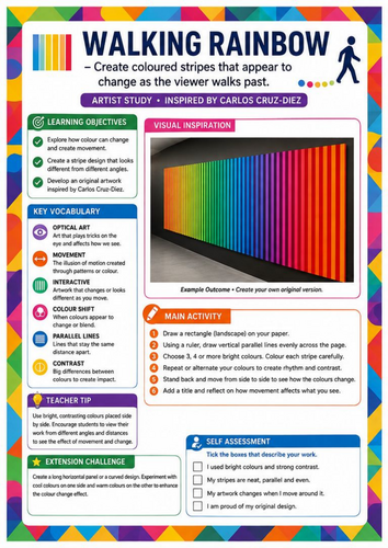 Carlos Cruz-Diez Inspired Walking Rainbow | Optical Illusion & Colour Theory | KS3 Art Worksheet