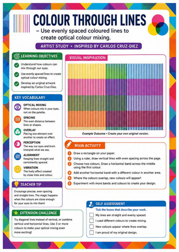 Carlos Cruz-Diez Inspired Colour Through Lines | Optical Mixing & Colour Theory | KS3 Art Worksheet