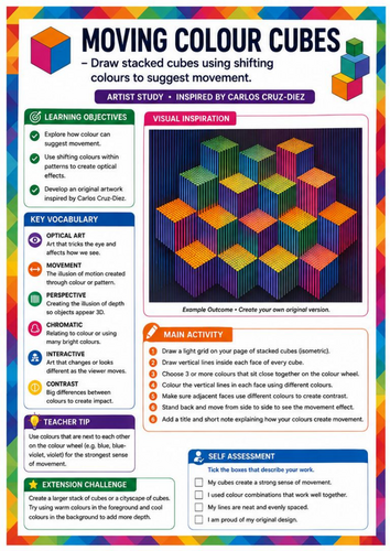 Carlos Cruz-Diez Inspired Moving Colour Cubes | 3D Optical Illusions | KS3 Art Worksheet