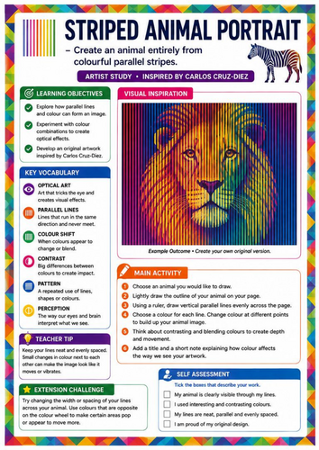 Carlos Cruz-Diez Inspired Striped Animal Portrait | Colour & Optical Illusion Art | KS3 Worksheet