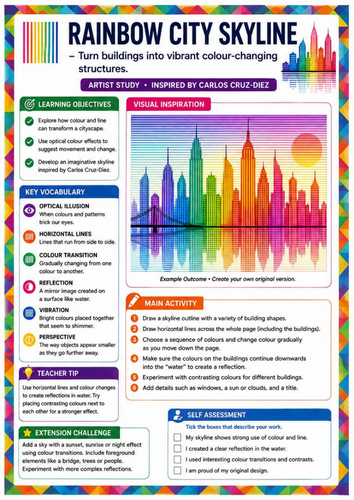 Carlos Cruz-Diez Inspired Rainbow City Skyline | Colour Theory & Optical Art | KS3 Art Worksheet