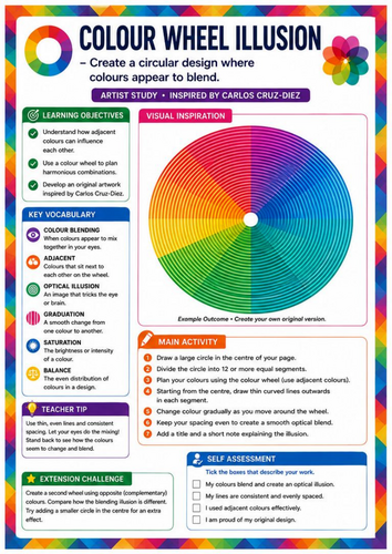 Carlos Cruz-Diez Inspired Colour Wheel Illusion | Optical Colour Mixing | KS3 Art Worksheet