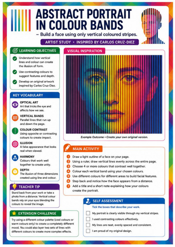 Carlos Cruz-Diez Inspired Abstract Portrait | Colour Bands & Optical Illusions | KS3 Art Worksheet